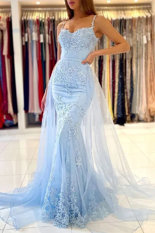 Daily Specials Baby Blue Lace Mermaid Long Prom Dresses With Overskirt Train ZXS215