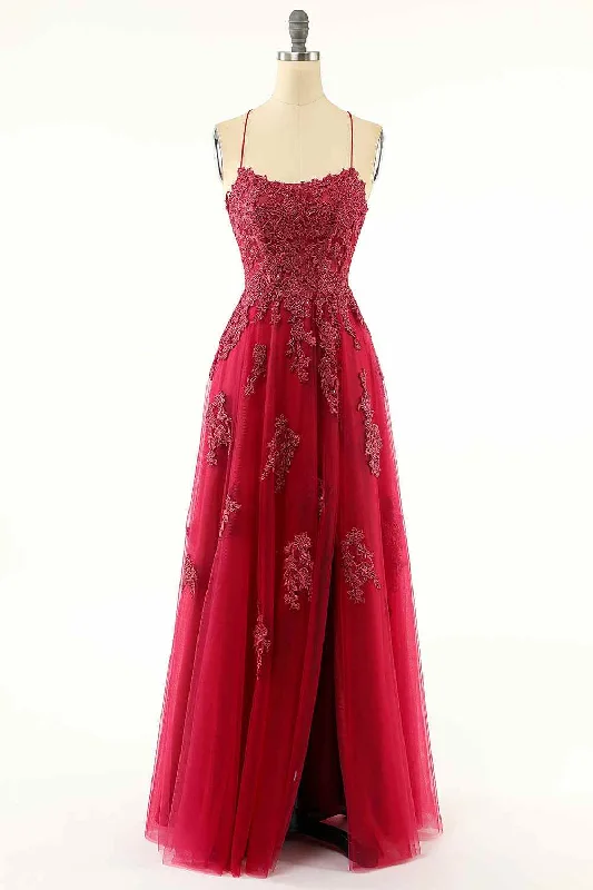 Steals and Deals statement dressBurgundy A-line Scoop Neckline Lace-Up Back Tulle Applique Long Prom Dress