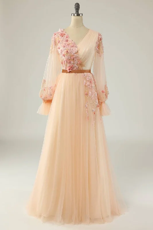 Weekend Special one-shoulder dressChampagne A-line V Neck Long Sleeves Tulle Applique Surplice Long Prom Dress