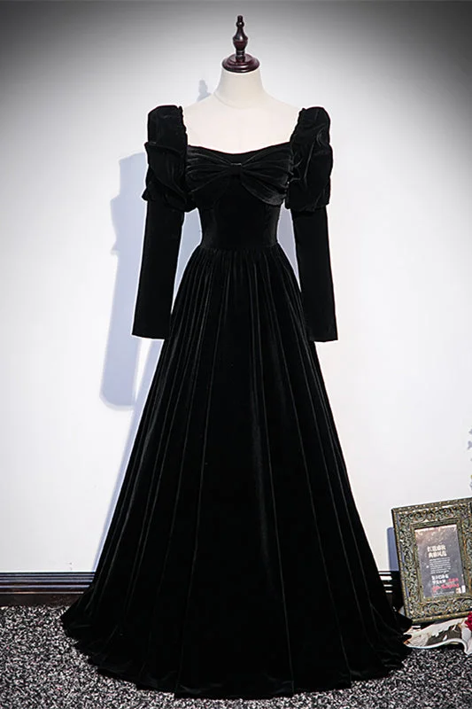 Best Bargains minimalistic dressBlack A-line Puff Long Sleeves Pleated Velvet Long Formal Dress with Bow