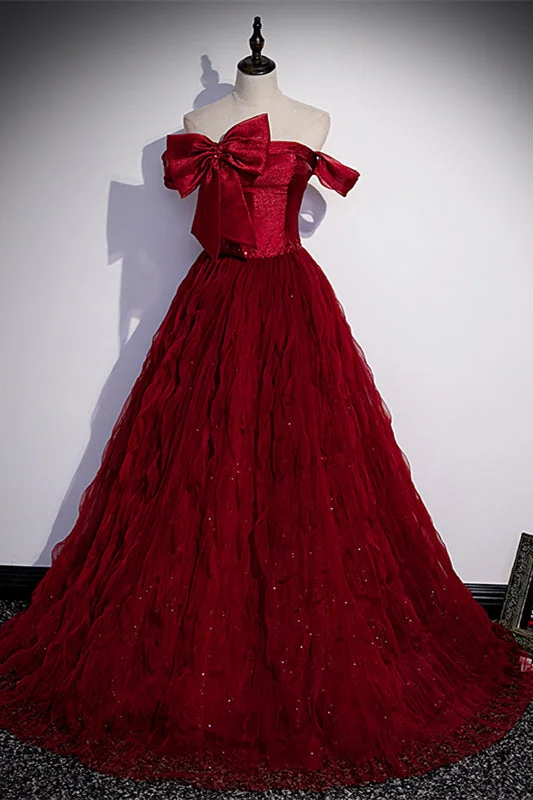 Low Prices luxury dressRed Off-the-Shoulder Beaded Long Formal Dress with Bow
