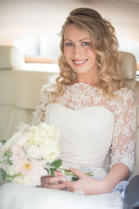 Great Deals A Line Half Sleeve Lace Wedding Dress Off the ShoulderV Back Bohemian Bridal Gown