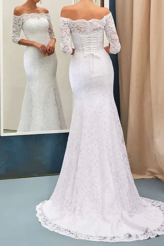 Price Break sleek midi dressMermaid Off-Shoulder Half Sleeves Lace Wedding Dress