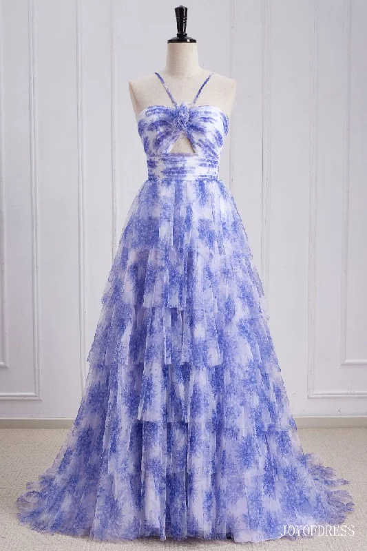 Price Reduction casual dressHalter Blue Floral Print Ruffle A-Line Prom Dress