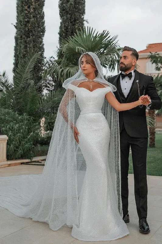 Fantastic Offers Trendy Off the shoulder White Mermaid Blet Wedding Dresses