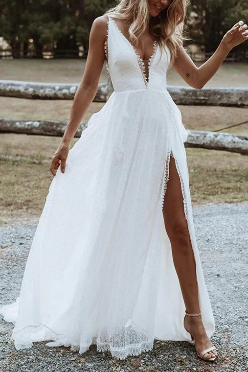 Deal Alert sleek dressLow V-Neck Sleeveless Empire Wedding Dress With Side Slit
