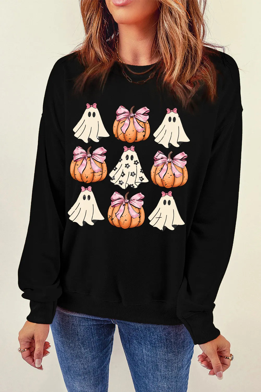 Best Bargains oversized pullover sweatshirtfitted workout hoodiePumpkin & Ghost Round Neck Long Sleeve Sweatshirt