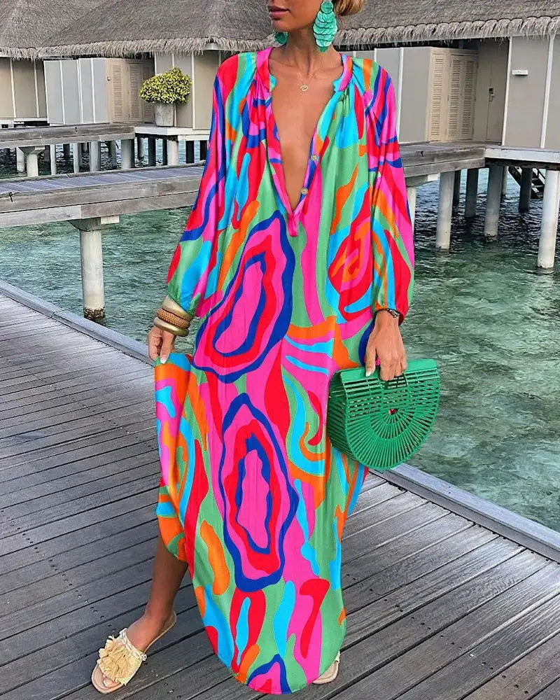 Hot Deal windbreaker jacketElegant Women's Dresses 2024 Summer Casual Fashion Print V-Neck Loose Retro Comfortable Maxi Dress Female Robe Vestidos S-3XL