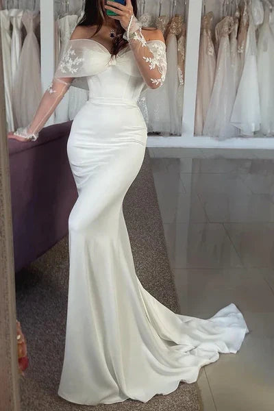 Deep Discounts cocktail dressBowknot Off-Shoulder Long Sleeves Trumpet Wedding Dress With Train