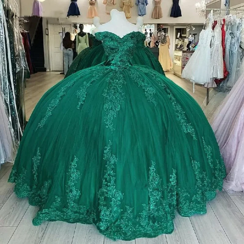 Closeout denim dressOff Shoulder Lace Tulle Quinceanera Dresses Dark Green Applique Ball Gown Y4080