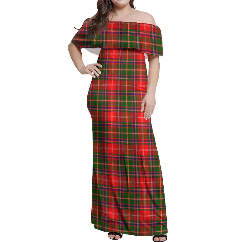 Closeout Somerville Modern Tartan Off Shoulder Long Dress