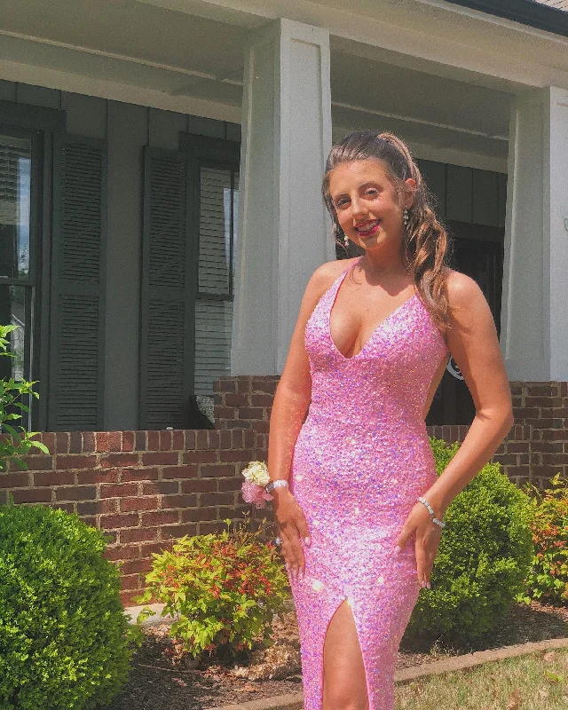 Mega Sale mini dressPink Halter Neckline Sequins Prom Dress Sexy Evening Dress Side Slit Y268