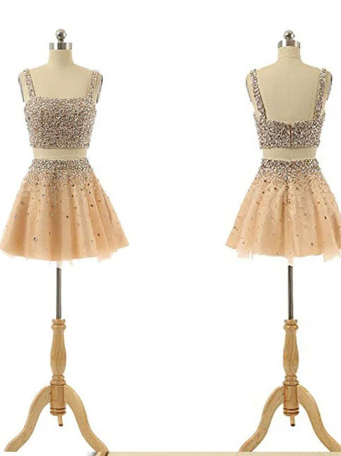 Fantastic Offers Two Piece Homecoming Dresses Straps A-line Rhinestone Short Prom Dress Party Dress JK572