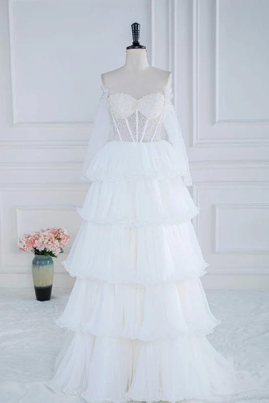 Weekend Deal elegant dressWhite Off-Shoulder Pearl Beaded Layers Long Prom Dress