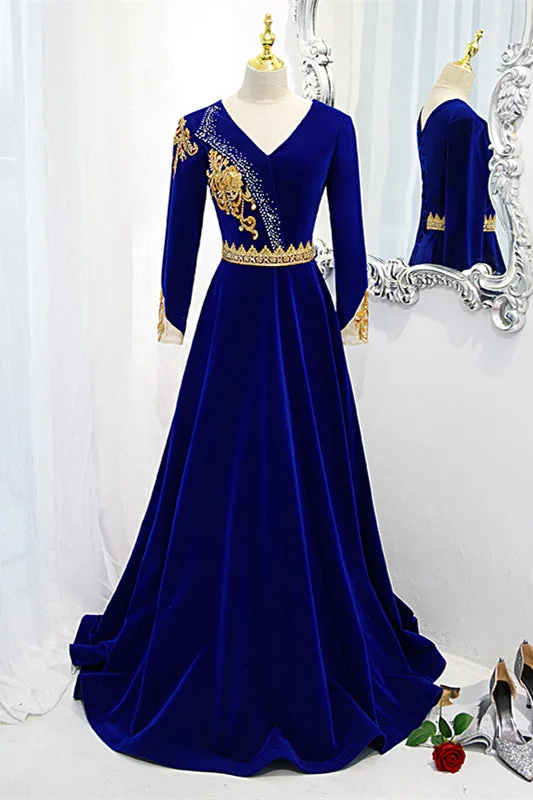 TIME-Limited Offer ruched dressRoyal Blue V Neck Gold Sequins Long Sleeves Beaded Long Formal Dress
