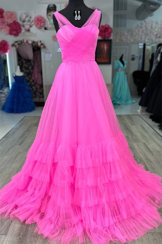 Closeout stylish party dressHot Pink Illusion Neck A-line Layers Tulle Long Prom Dress