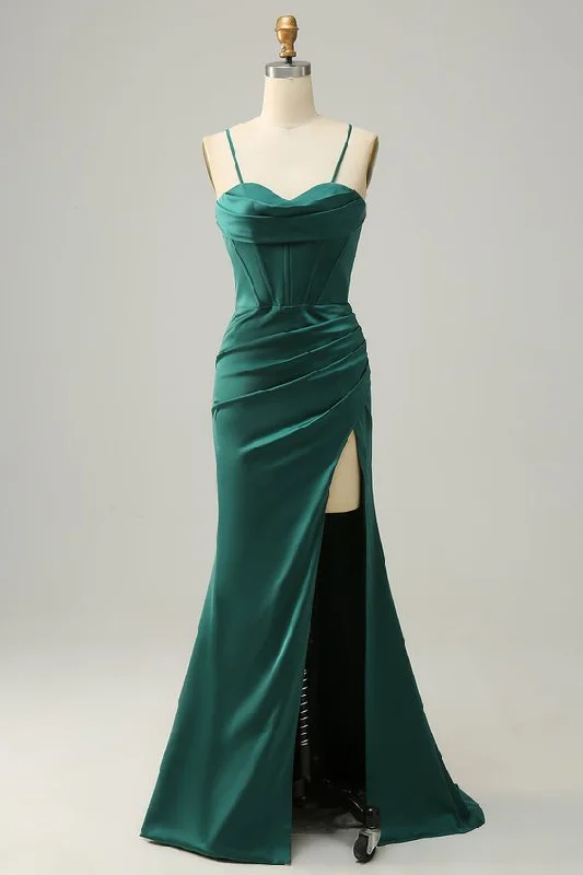 Year-End Sale spaghetti strap dressDark Green Spaghetti Straps Mermaid Prom Dress Y4506