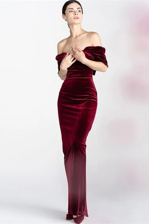 Friends and Family Sale luxury dressOff Shoulder Burgundy Velvet Dress with Bow