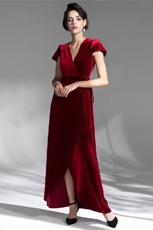 Sneak Peek Sale chic wrap dressCap Sleeves Burgundy Velvet Wrap Dress