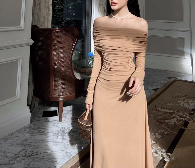 Deal Frenzy fitted dressSexy Off-the-shoulder Ruffle Floor Length Prom Dress Y4495