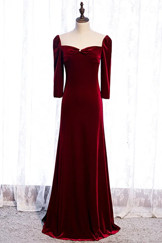 Price Cut long-sleeve floral dressBurgundy Illusion Neck Long Sleeves Pleated Maxi Formal Dress with Pearl