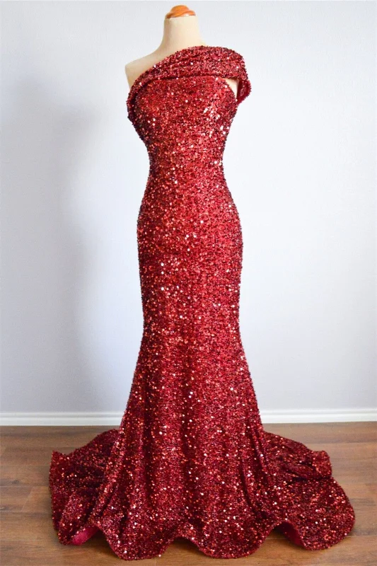 Super Bargain pleated maxi dressBurgundy Mermaid Sequins One Shoulder Long Formal Dress