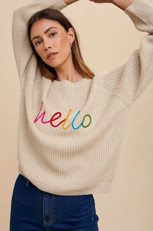 Huge Discounts comfortable stylish hoodieathletic style hoodieAnnie Wear HELLO Embroidered Raglan Sleeve Sweater