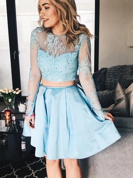 Customer Appreciation Sale Two Piece Homecoming Dresses Aline Long Sleeve Short Prom Dress Party Dress JK658