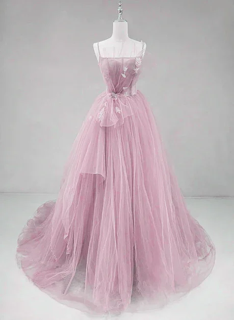 Price Meltdown party dressPink Straps Tulle Chic Long Party Dress Formal Dress, Pink A-line Prom Dress Y4491