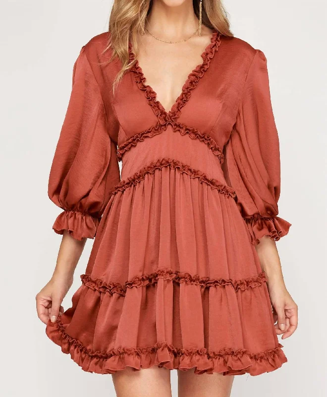 Price Drop casual day dressSatin Tiered Ruffle Dress in Marsala
