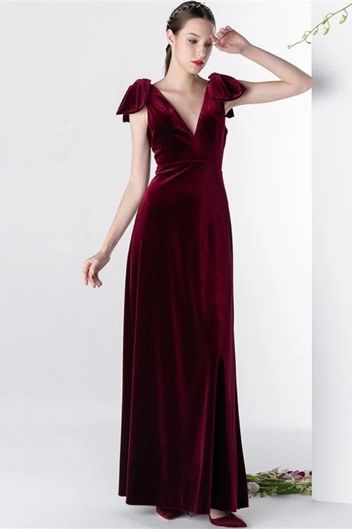Warehouse Sale comfy dressCap Sleeves Burgundy Velvet Long Dress