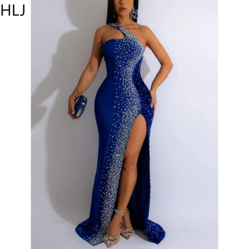 Sale Event street style coatHLJ Black Fashion Diamonds Rhinestone Party Birthday Dresses Women One Shoulder High Slit Floor Dress Female Bodycon Vestidos