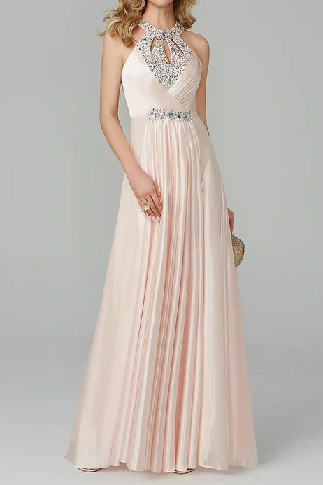 Price Cut mini dressRound Sleeveless Satin A-Line Beaded Long Party Prom Dress