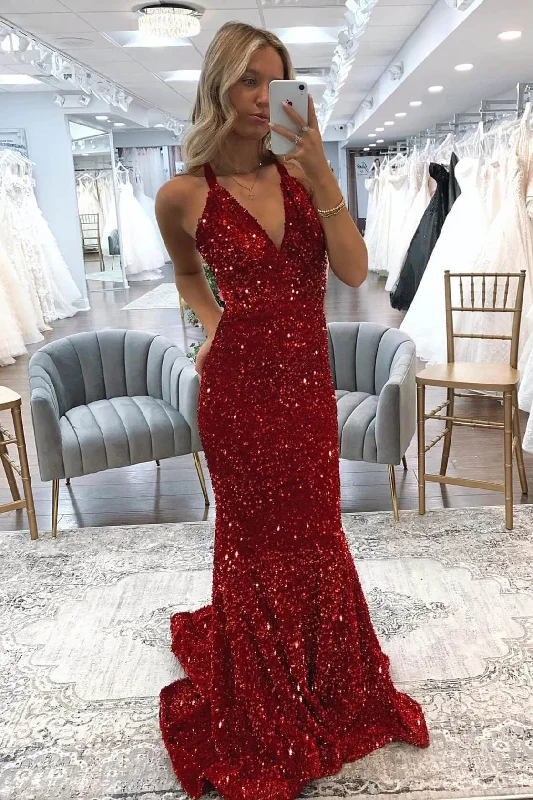 Shop and Save stylish party dressRed Mermaid Formal Dresses Sequins V Neck Long Prom Dress Crossed Back Sweeping Y4290 Shop and Save stylish party dressRed Mermaid Formal Dresses Sequins V Neck Long Prom Dress Crossed Back Sweeping Y4290