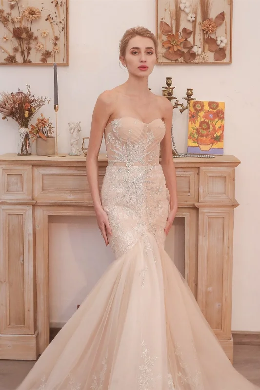 Final Markdown flowy evening dressChampagne Mermaid Sweetheart Tulle Long Wedding Dress