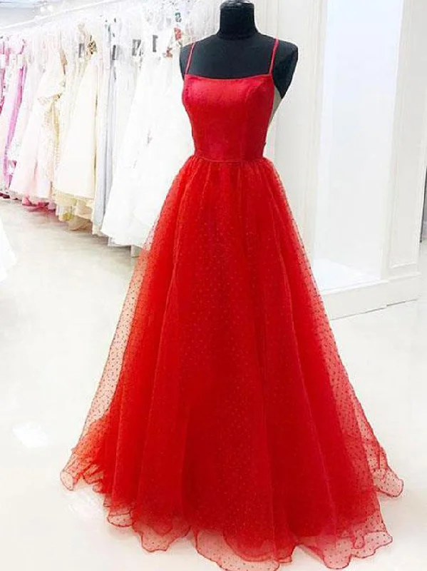 Seasonal Sale Red Prom Dresses with Straps A-line Polka Dot Lace Sexy Beautiful Prom Dress JKL1537