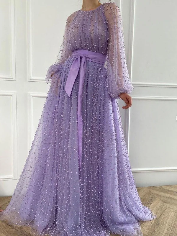 Deal Explosion Purple Round Neck Tulle Beads A line Long Prom Evening Dress GJS275