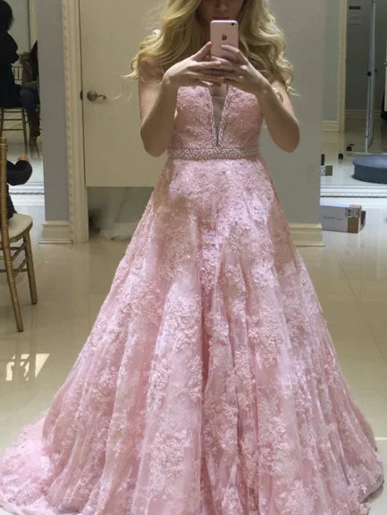 Instant Discount Pink Prom Dresses Straps Sweep/Brush Train Beading Lace Prom Dress JKL489