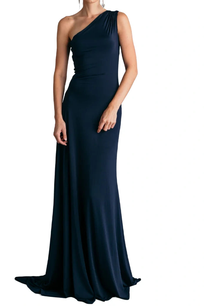 Act Fast ruffle dressOne Shoulder Sleeveless Satin Fitted Long Bridesmaid Dress With Train