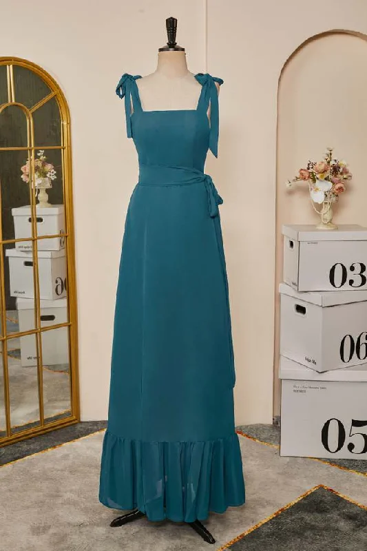 Limited Time Discount elegant evening dressTeal Bow Tie Straps Ruffled A-line Long Bridesmaid Dress with Sash