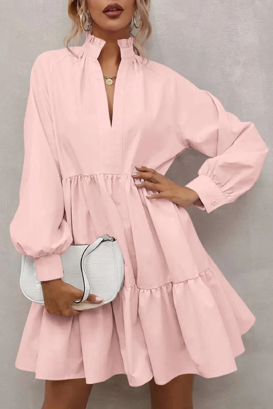 Final Sale Pink Frilled Stand Collar Long Sleeve Ruffle Dress