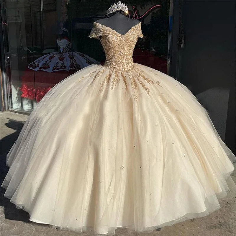 Members Only elegant evening dressOff the Shoulder Quinceanera Dresses Champagne Lace Appliqued Beaded Ball Gown Y4148