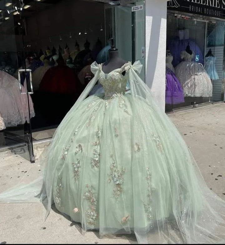 Online Only boho-chic dressMint Green Quinceanera Dresses With Cape 3D Flowers Sweet 15 Birthday Ball Gowns Y4480