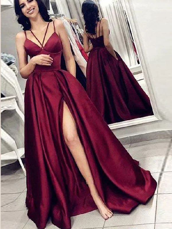 Year-End Clearance Simple Prom Dresses with Pockets Spaghetti Straps Sexy Burgundy Cheap Slit Prom Dress JKL1497
