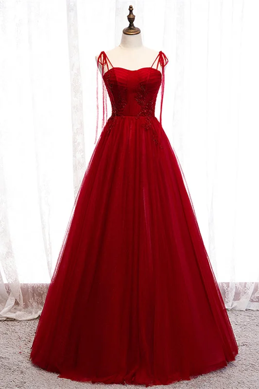 Low Prices relaxed fit dressRed A-line Pleated Bow Tie Double Straps Beaded Appliques Maxi Formal Dress