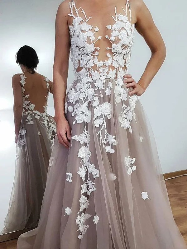 Price Meltdown Beautiful Prom Dresses Aline See Through Open Back Appliques Long Prom Dress JKL1633