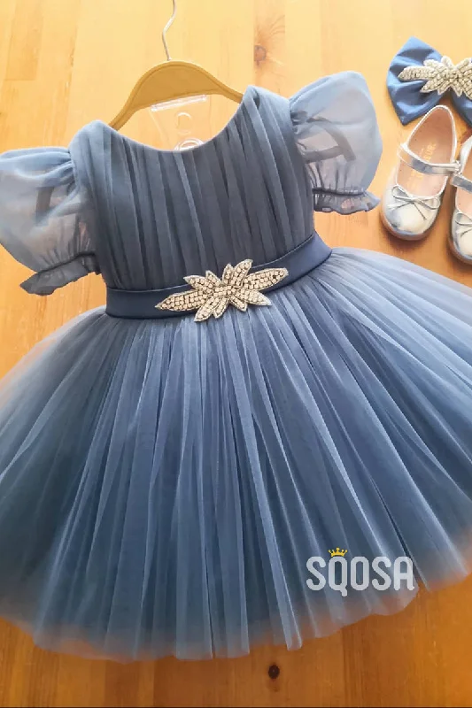 Stock Clearance flowy evening dressA-line Bateau Short Sleeves First Communion Dress Cute Flower Girl Dress QF1016
