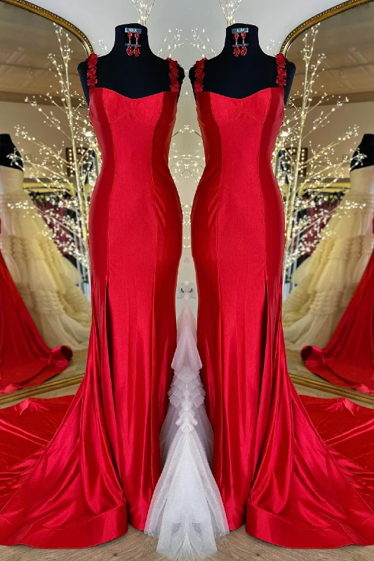 Super Deal printed dressRed Flower Straps Mermaid Satin Long Prom Dress with Slit