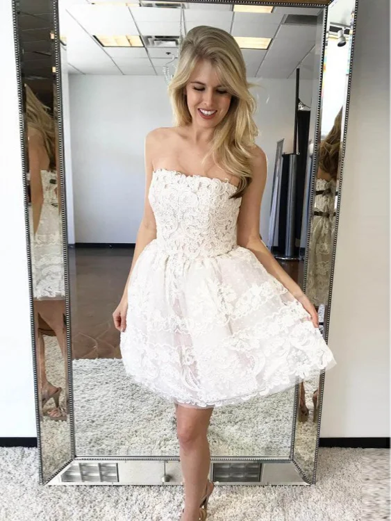 Weekend Deal Cute Homecoming Dresses Aline Strapless Lace Short Prom Dress Party Dress JK855