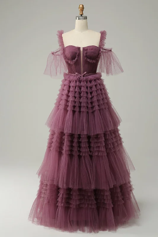 Midnight Madness summer floral dressMauve Off-the-Shoulder Lace-Up Tulle Multi-Layers Long Prom Dress